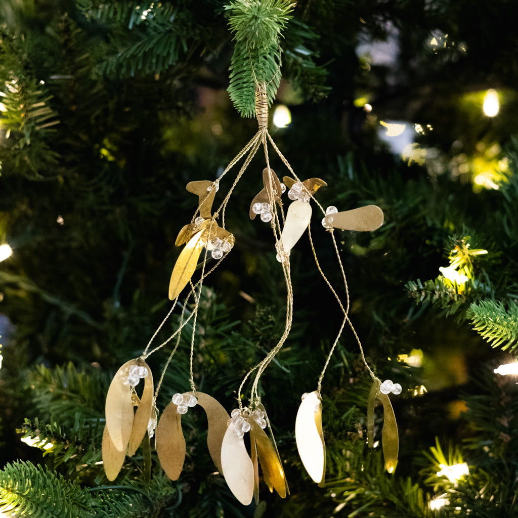 Wire Brass Mistletoe Leaves and Glass Beads Ornament