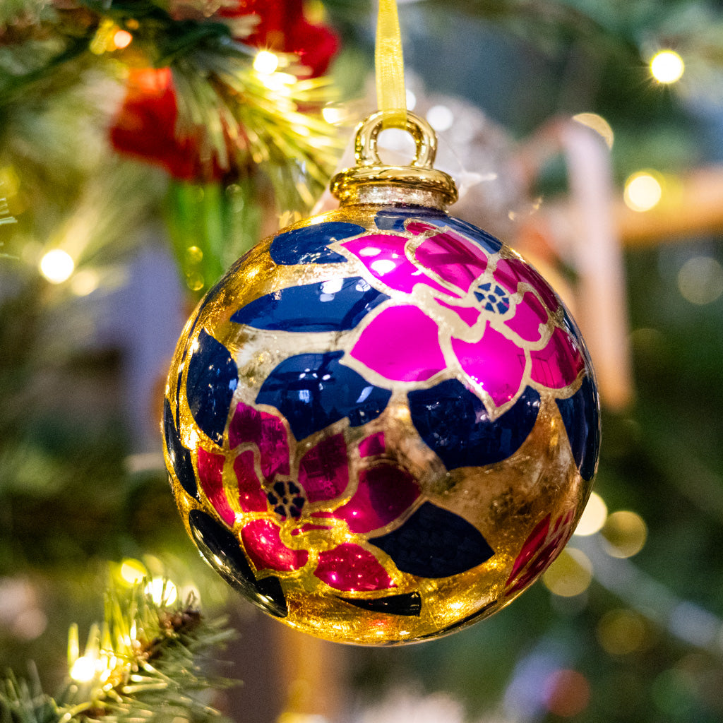 Navy and Fuchsia Floral Ball Ornament