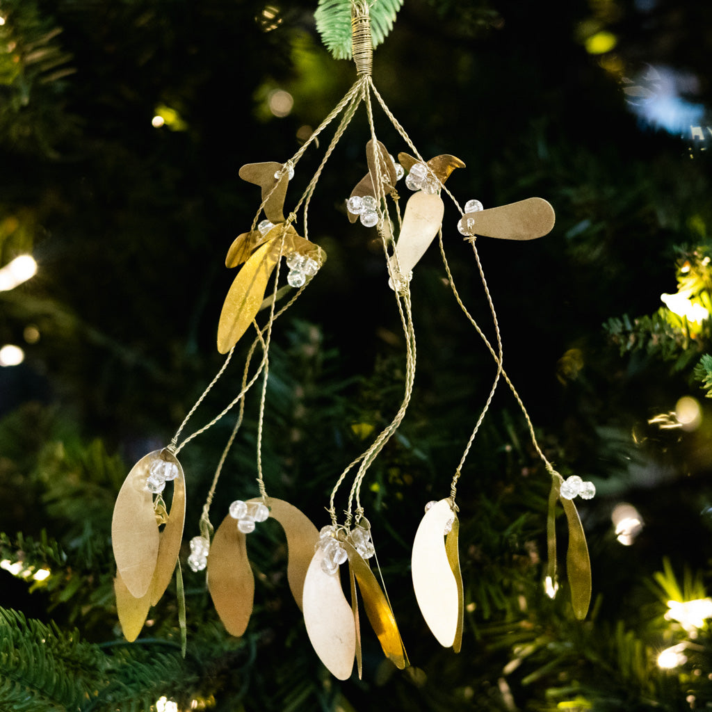 Wire Brass Mistletoe Leaves and Glass Beads Ornament