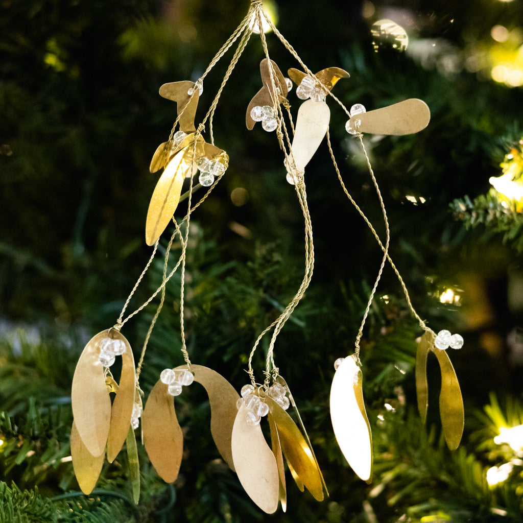 Wire Brass Mistletoe Leaves and Glass Beads Ornament