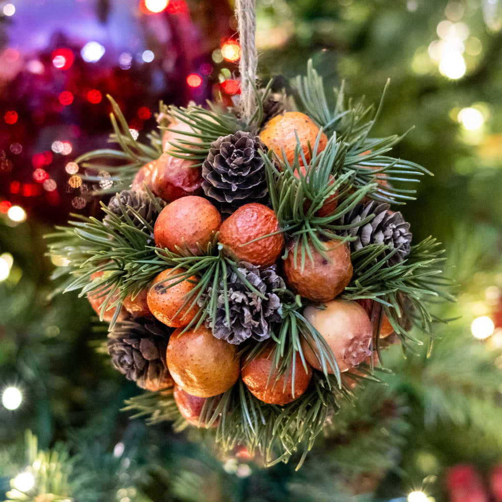Orange Pods Pinecones and Pine Round Ornament