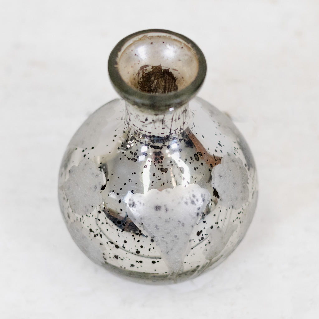 Short Mini Silver Mercury Glass Etched Bud Vase