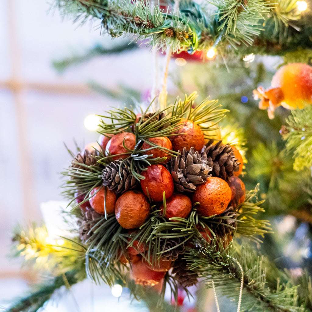 Orange Pods Pinecones and Pine Round Ornament