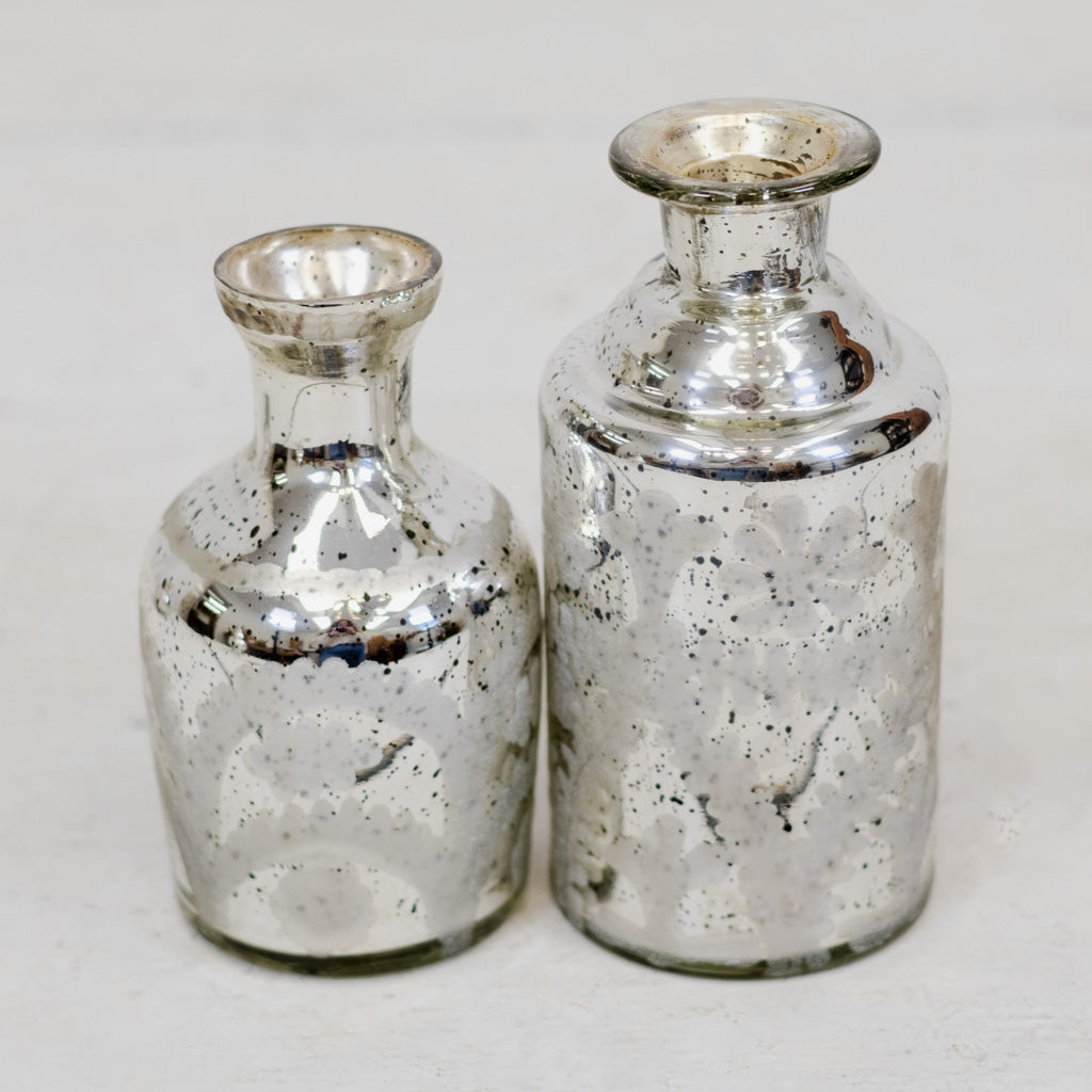 Medium Mini Silver Mercury Glass Etched Bud Vase