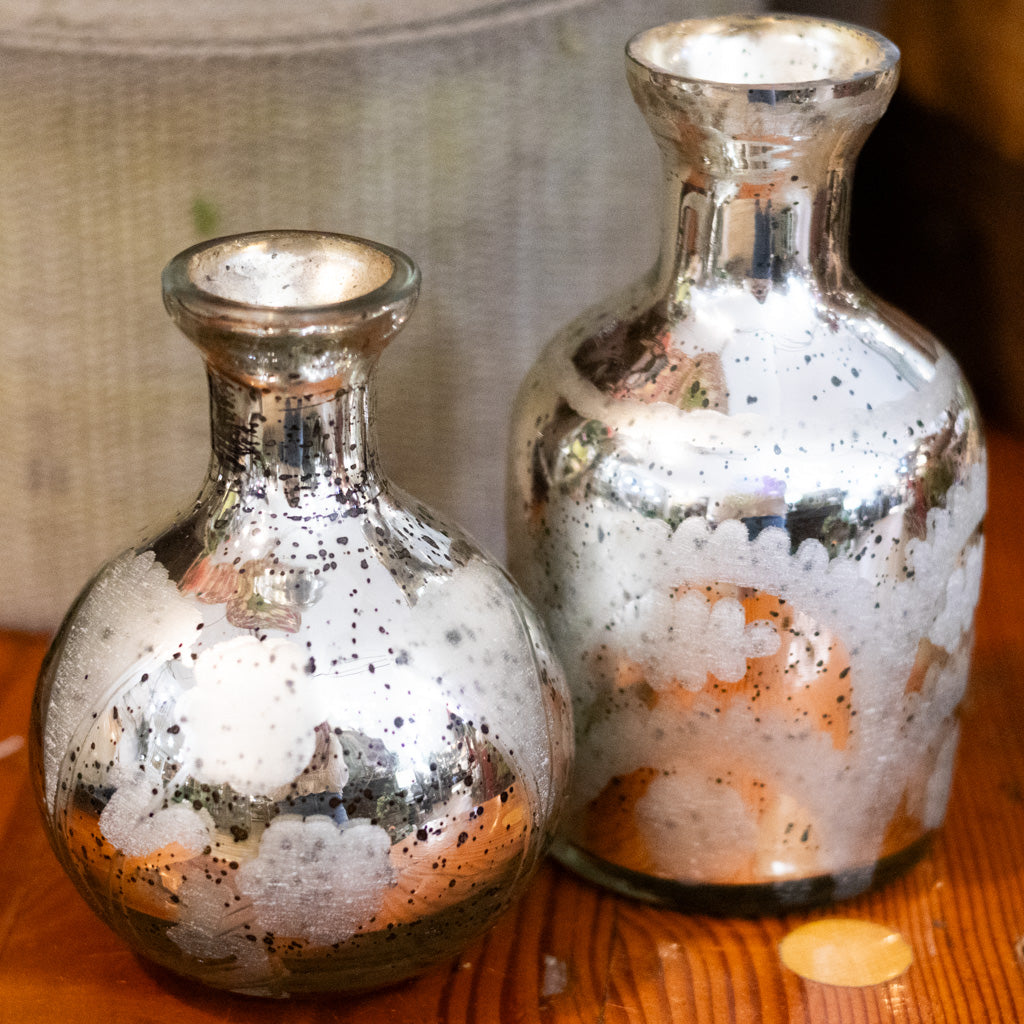 Short Mini Silver Mercury Glass Etched Bud Vase