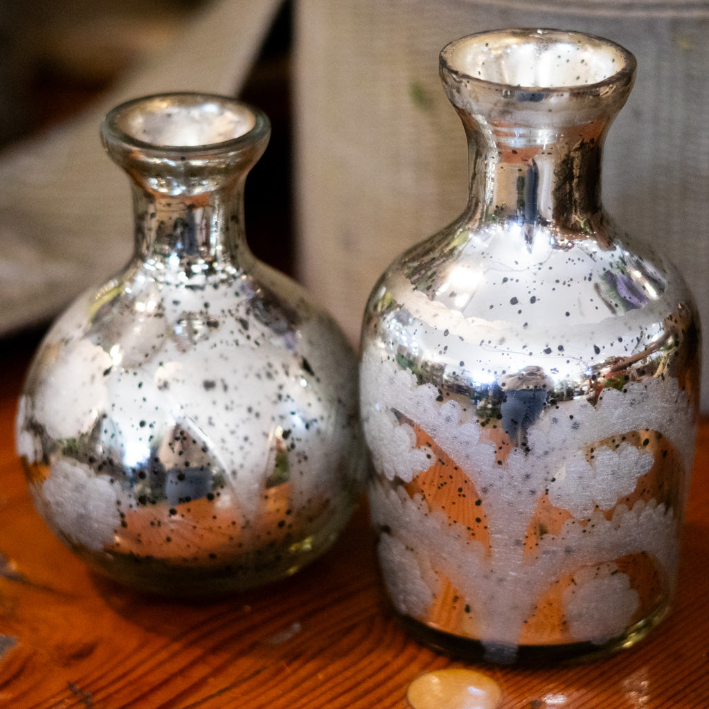 Medium Mini Silver Mercury Glass Etched Bud Vase