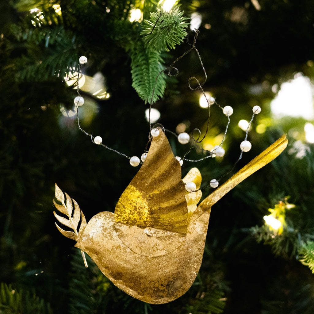 Gold Metal Dove Ornament with Pearls