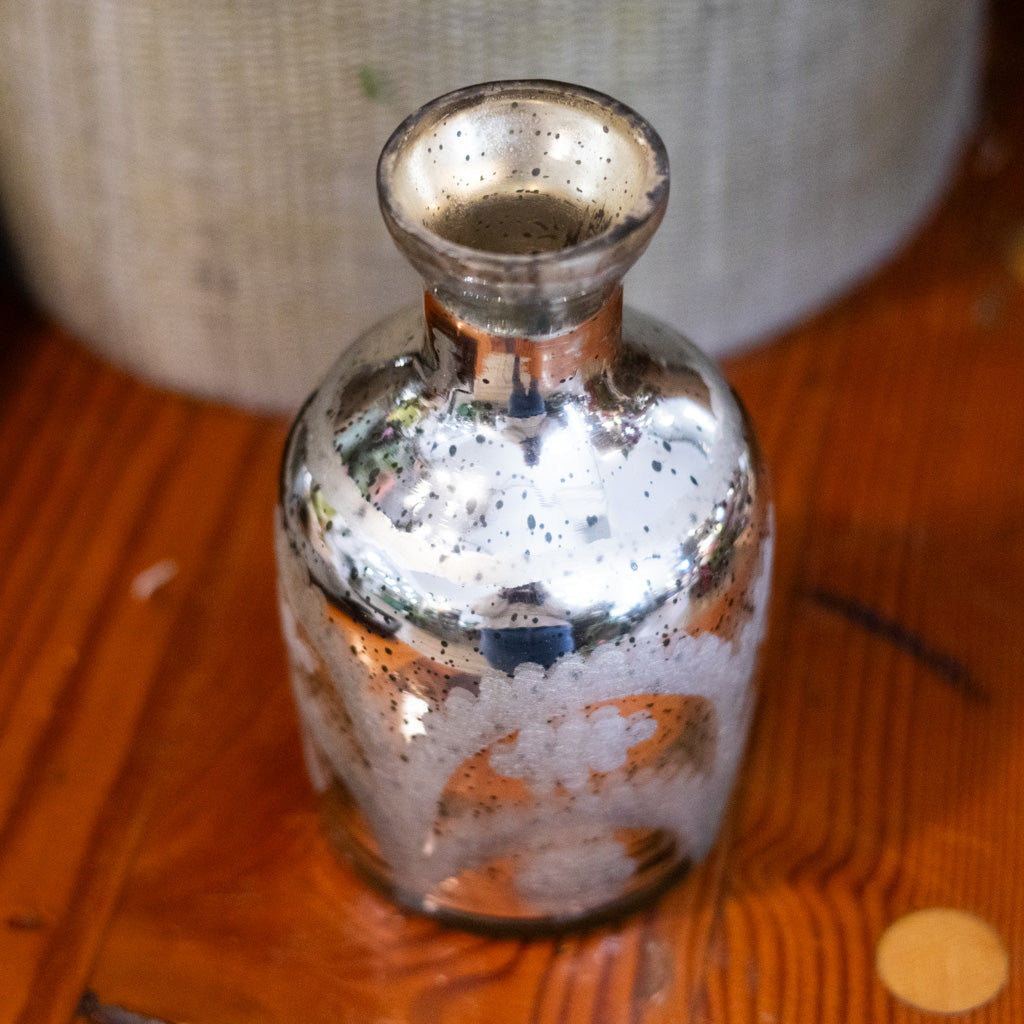 Medium Mini Silver Mercury Glass Etched Bud Vase