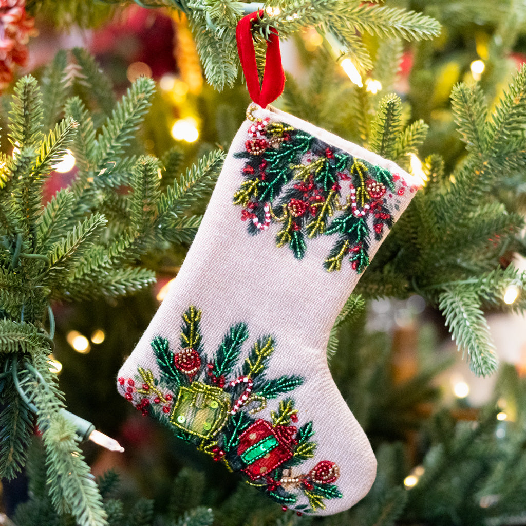 Cotton Stocking with Beaded Fir and Gifts
