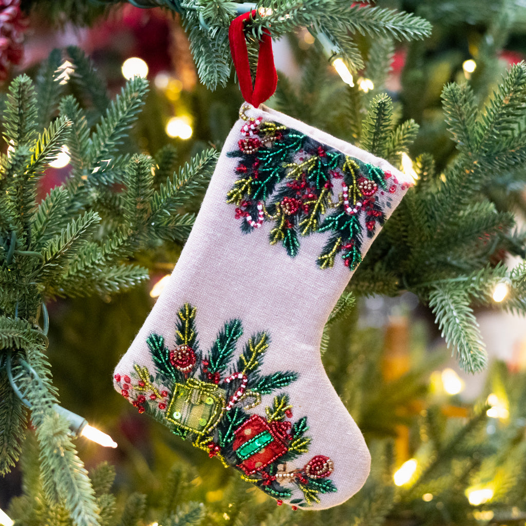 Cotton Stocking with Beaded Fir and Gifts