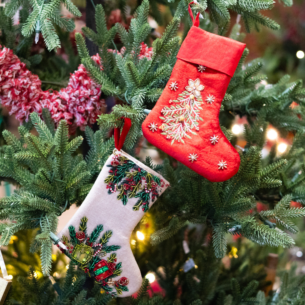 Cotton Stocking with Beaded Fir and Gifts