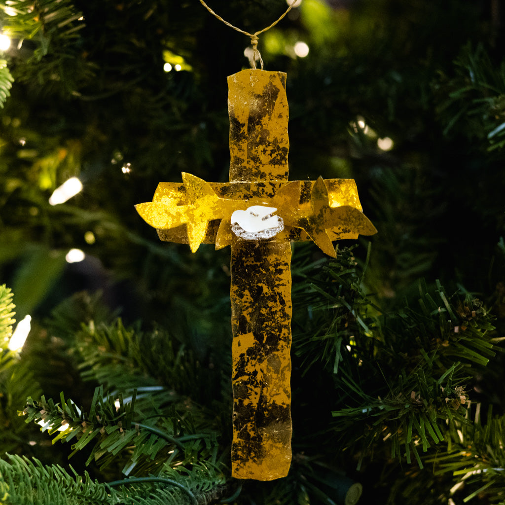 Gold Cross with Dove in Nest Ornament