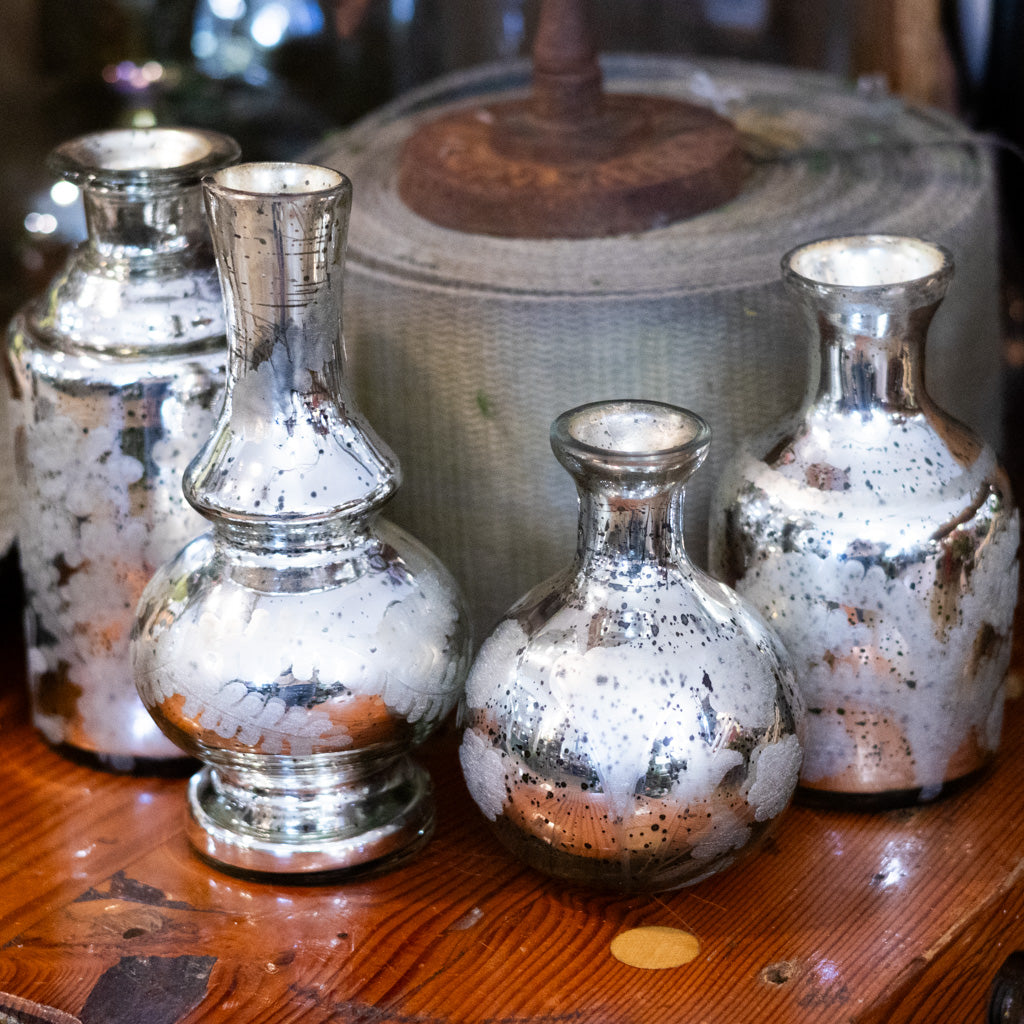 Short Mini Silver Mercury Glass Etched Bud Vase