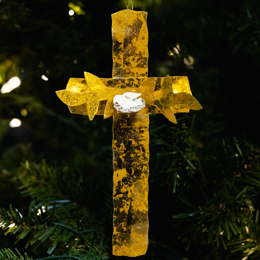 Gold Cross with Dove in Nest Ornament