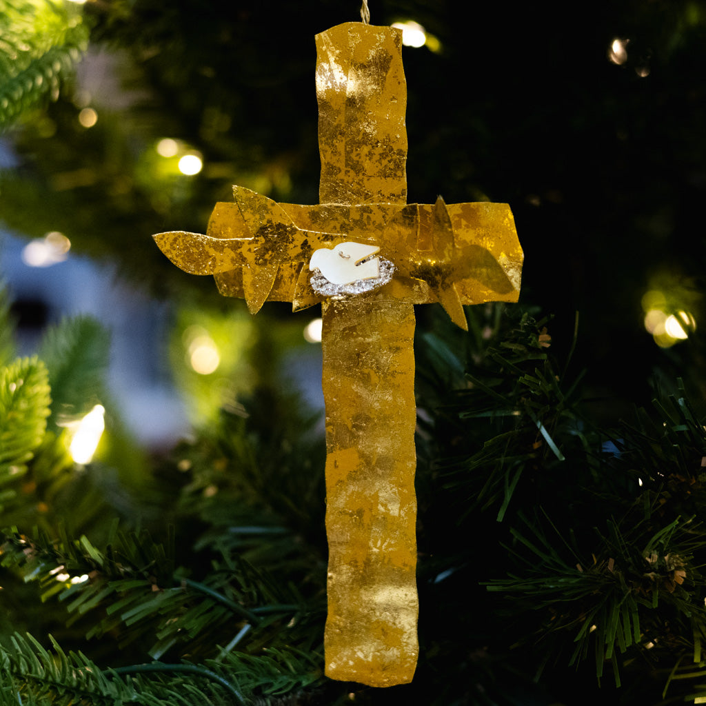 Gold Cross with Dove in Nest Ornament