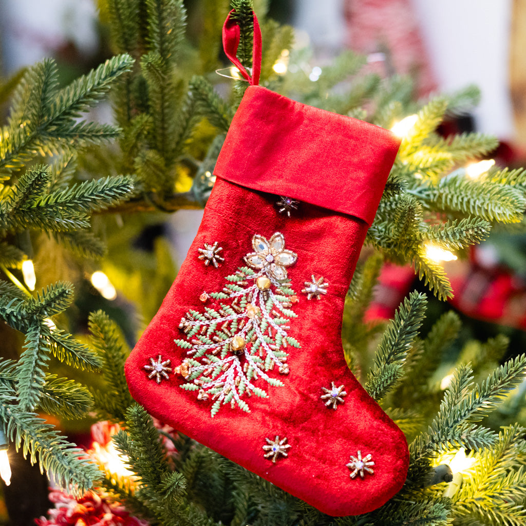 Red Velvet Stocking with Embroidered Green Tree