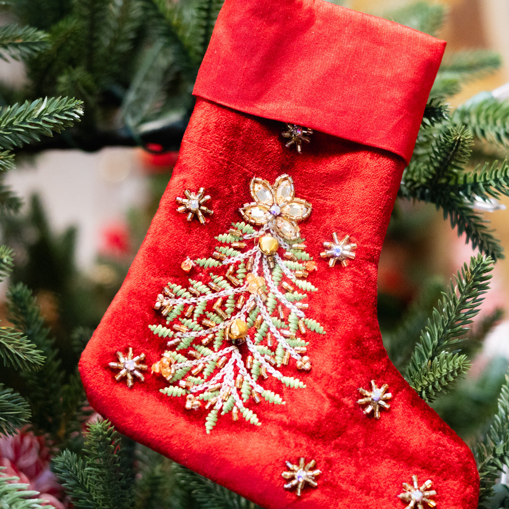 Red Velvet Stocking with Embroidered Green Tree