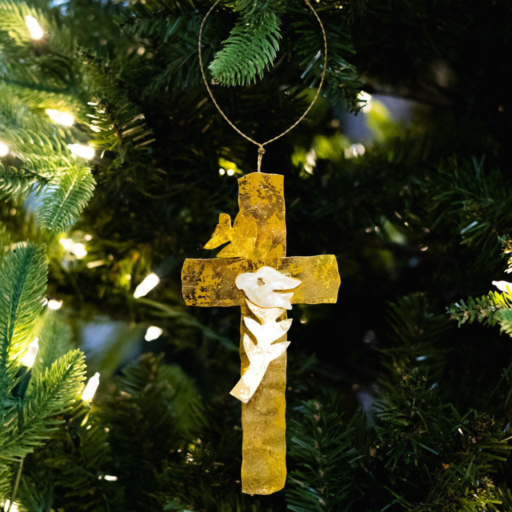 Gold Cross with Dove Ornament