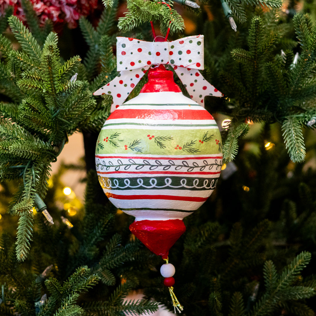 Pattern Holly Paper Mache Ornament