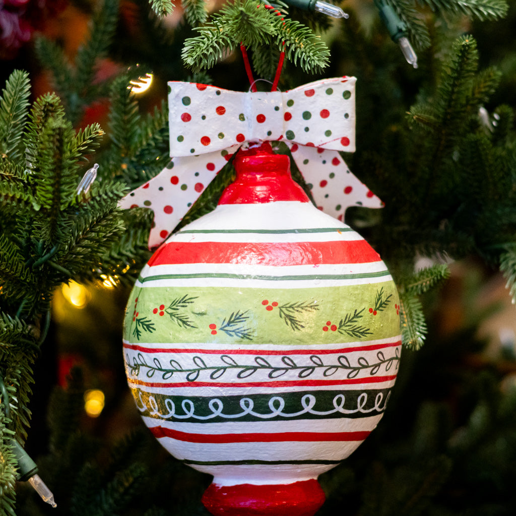 Pattern Holly Paper Mache Ornament