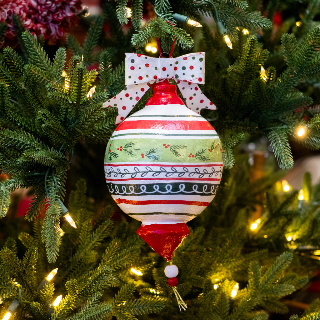 Pattern Holly Paper Mache Ornament