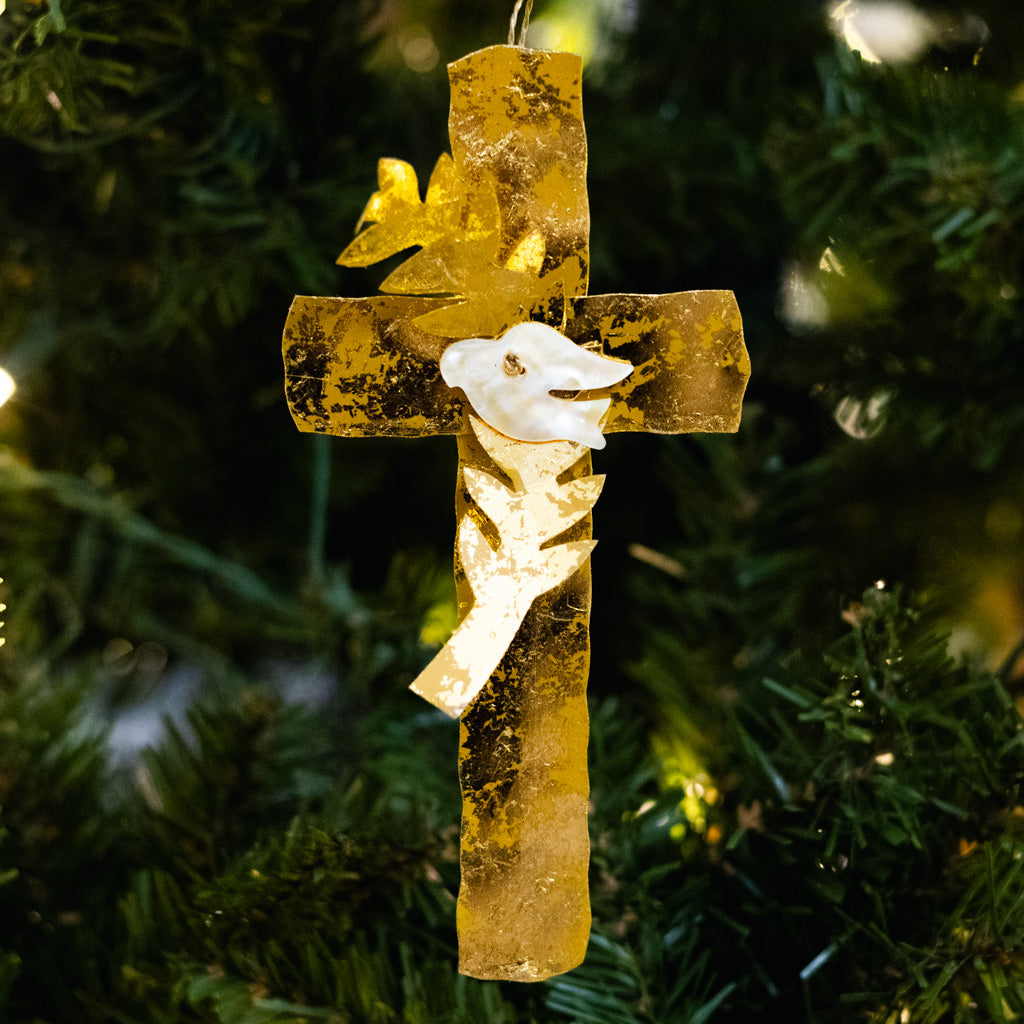 Gold Cross with Dove Ornament