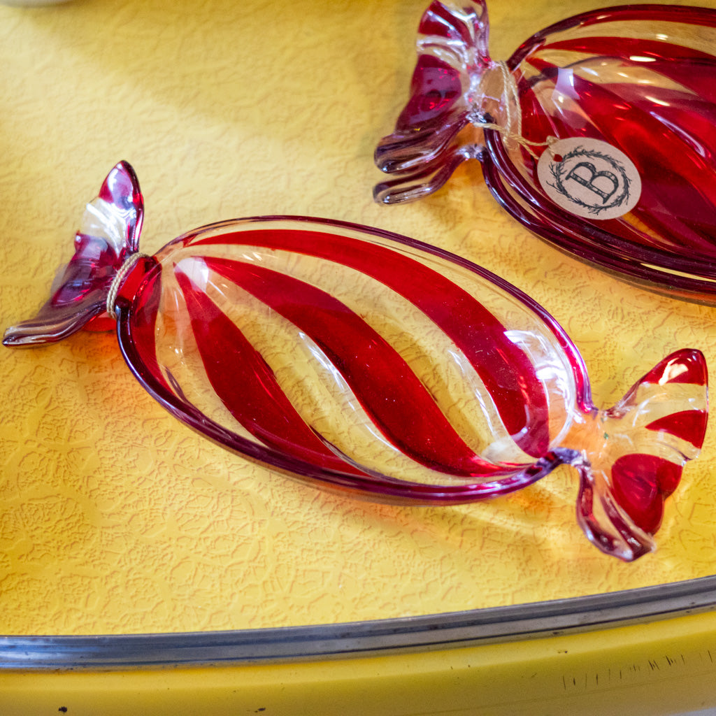 Hand Painted Glass Candy Shaped with Red Stripes Dish