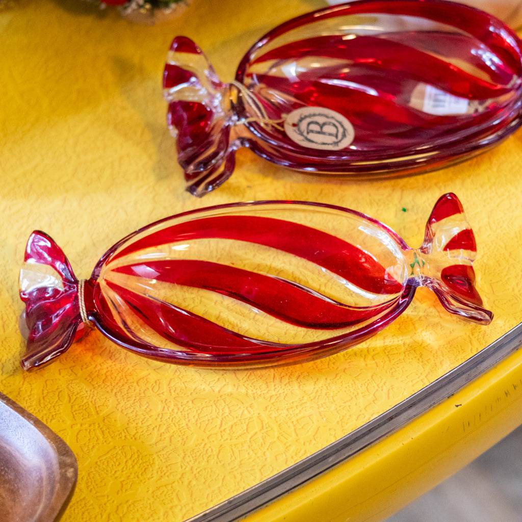 Hand Painted Glass Candy Shaped with Red Stripes Dish