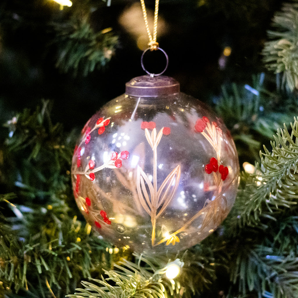 Etched Glass Ball with Botanical Design Ornament