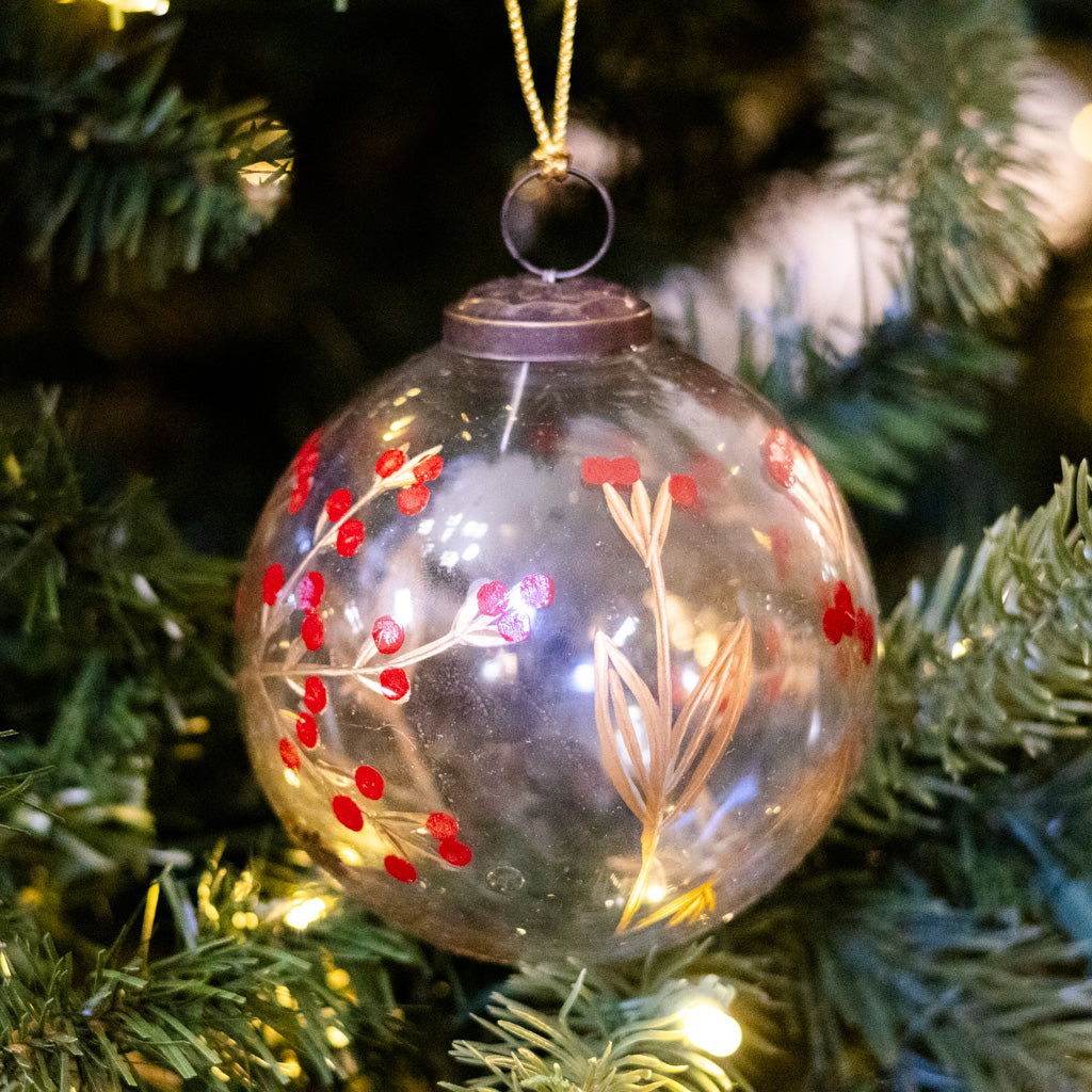 Etched Glass Ball with Botanical Design Ornament