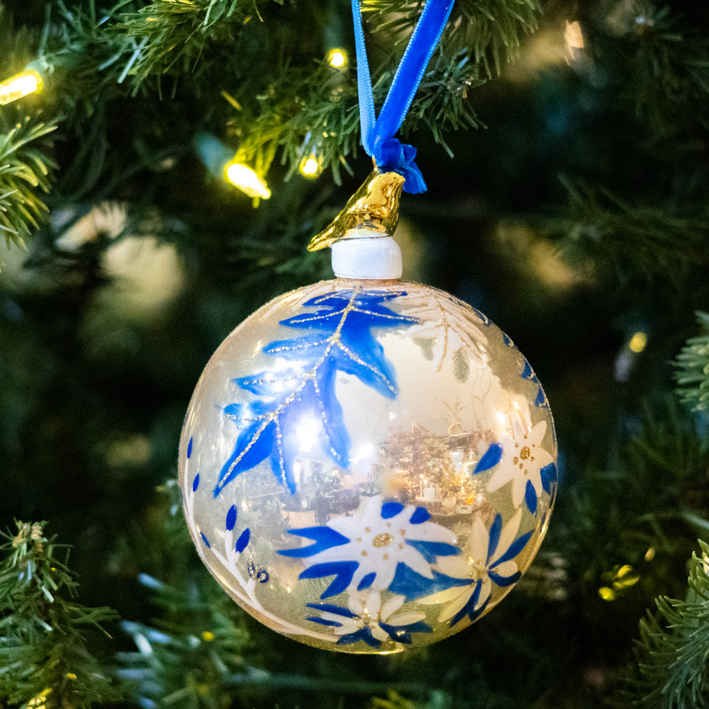 Hand-Blown Floral Bauble Gold Bird Shiny Ornament