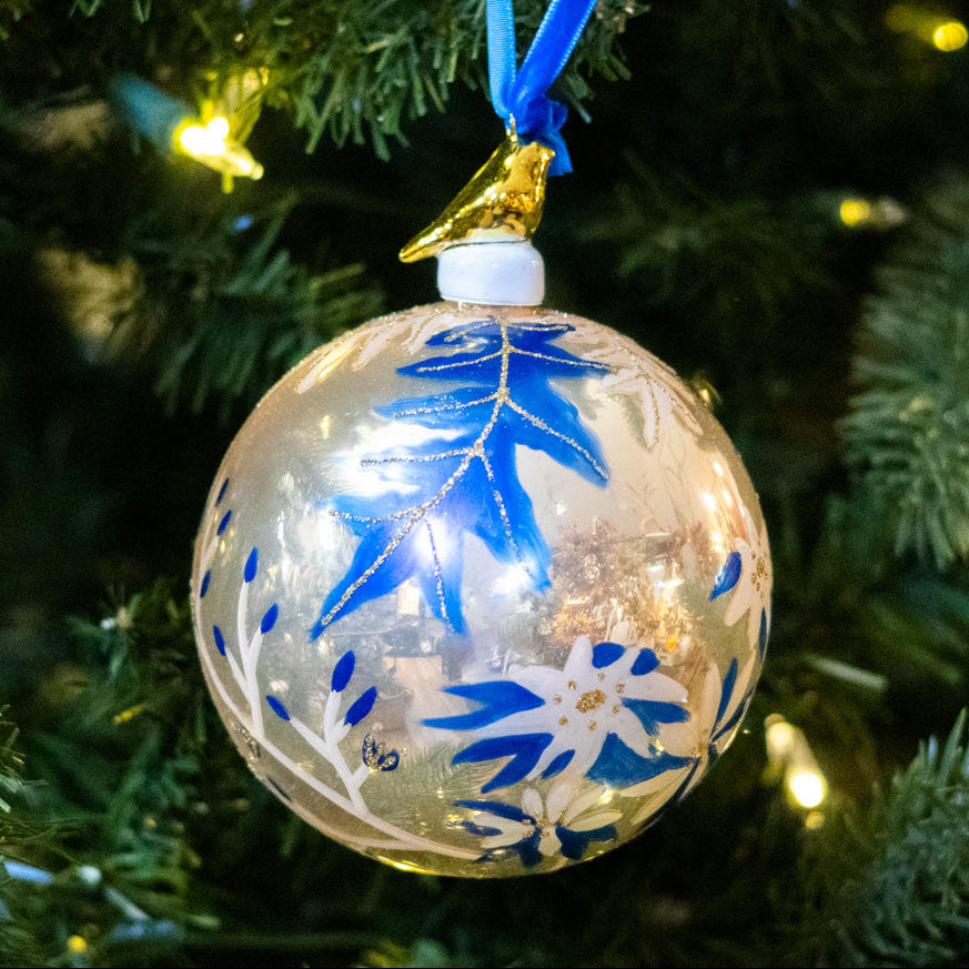 Hand-Blown Floral Bauble Gold Bird Shiny Ornament