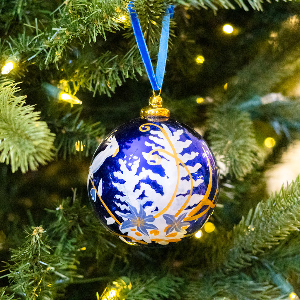 Hand-Blown Song Bird Bauble Shiny Blue Ornament