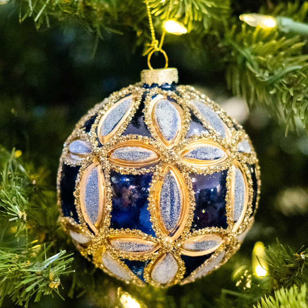 Glass Fluerette Dark Blue Ball Ornament