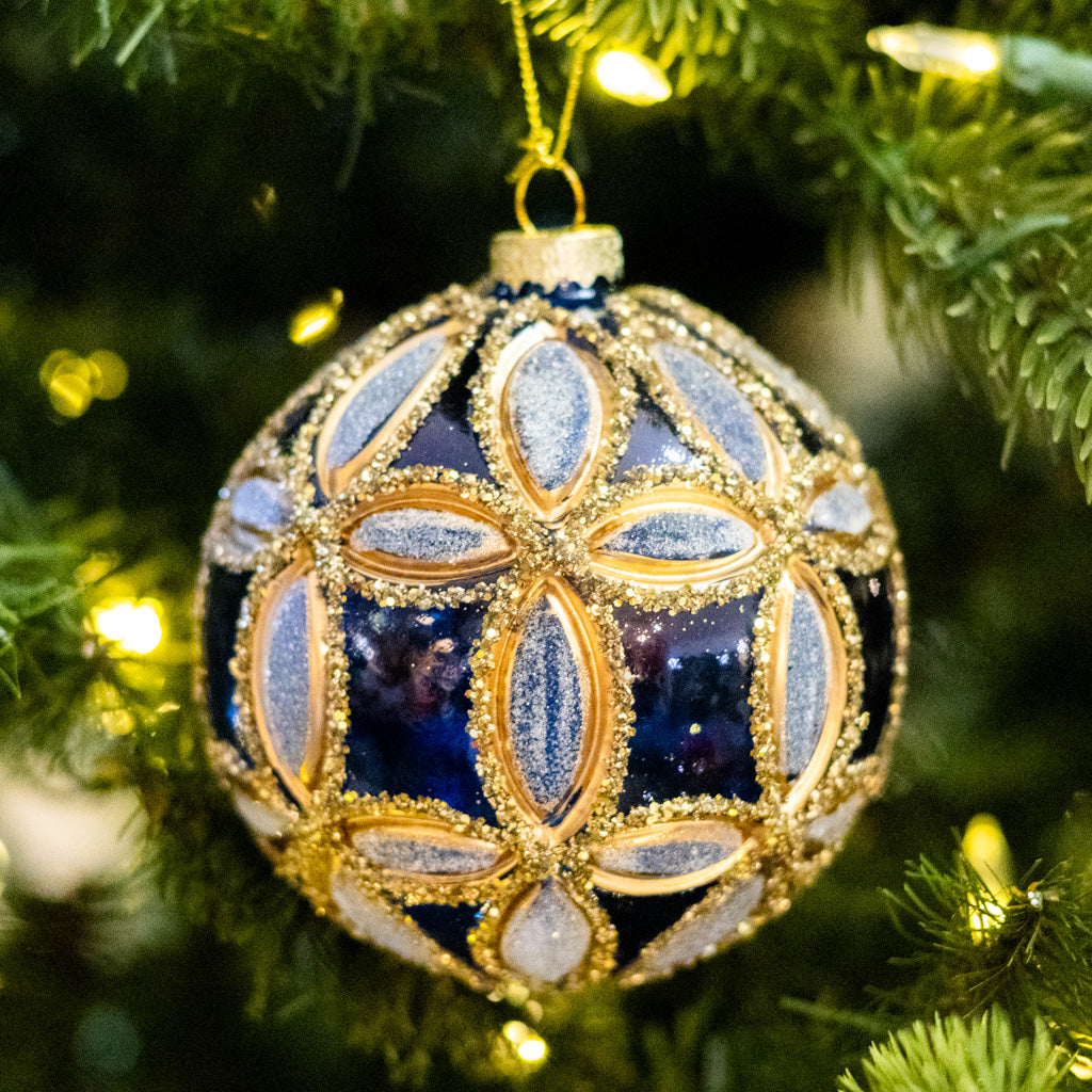 Glass Fluerette Dark Blue Ball Ornament
