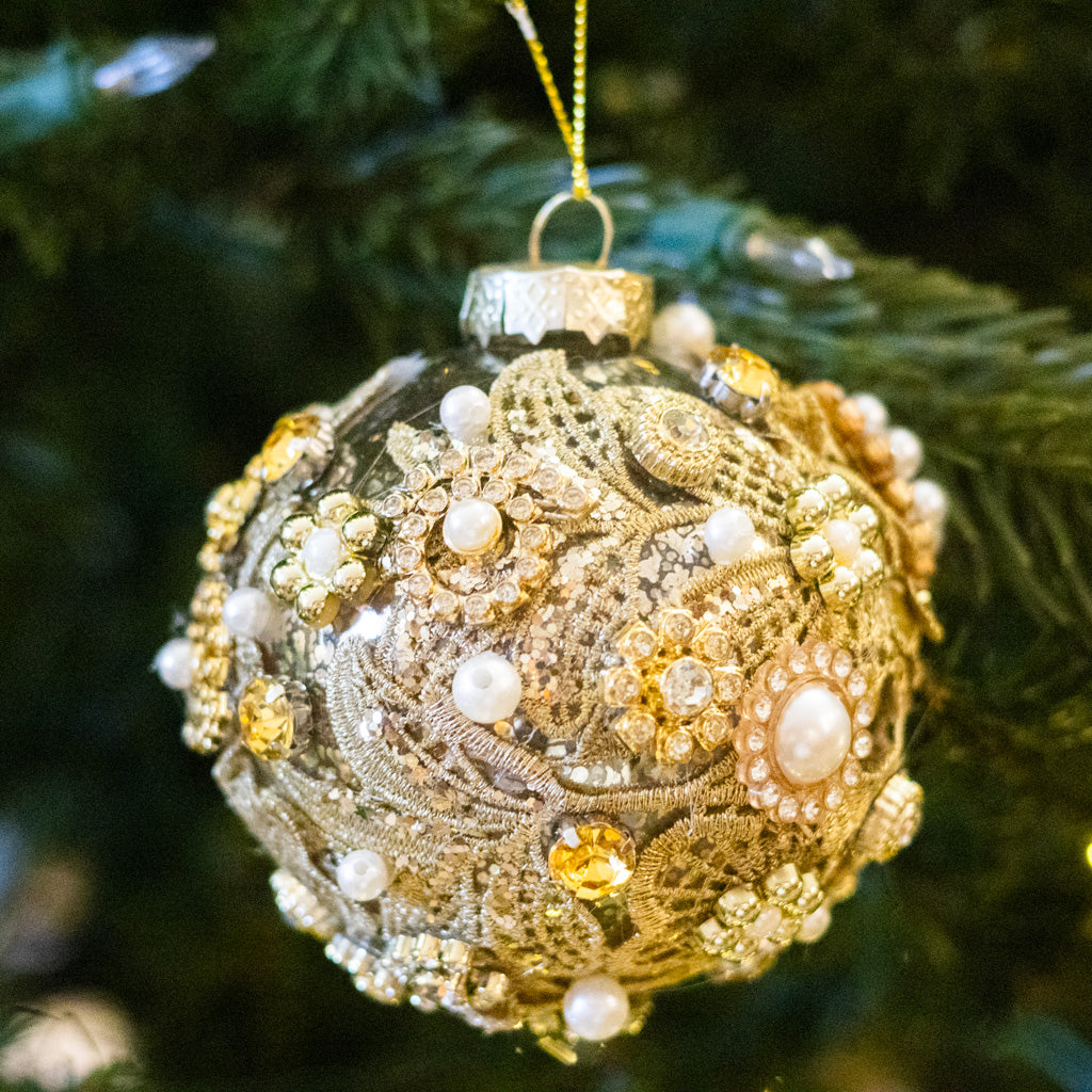 Glass Antique Silver with Florals Pearls Gems Ball