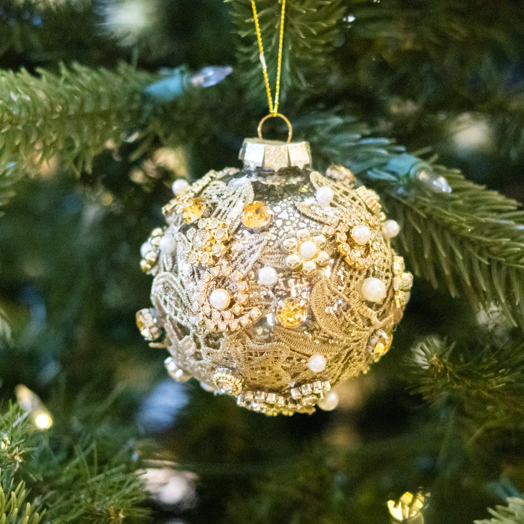 Glass Antique Silver with Florals Pearls Gems Ball