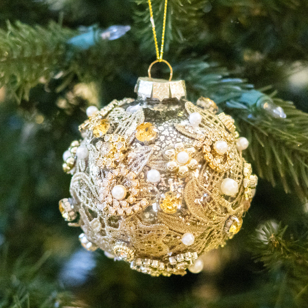 Glass Antique Silver with Florals Pearls Gems Ball