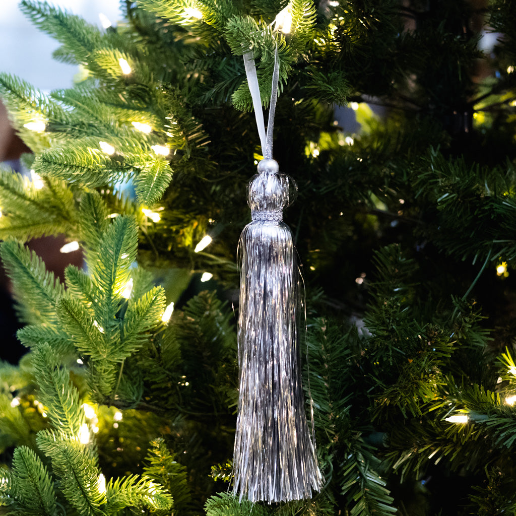 Silver Tinsel Tassel Ornament Long