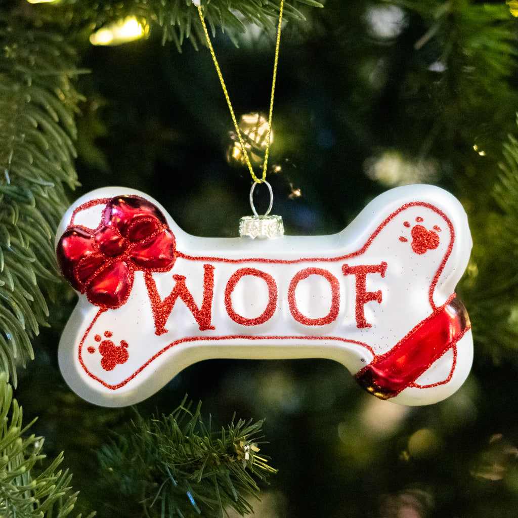 Glass "Woof" Dog Bone Ornament