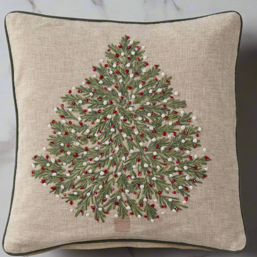 Tan Christmas Tree Pillow with Red and White Ornaments