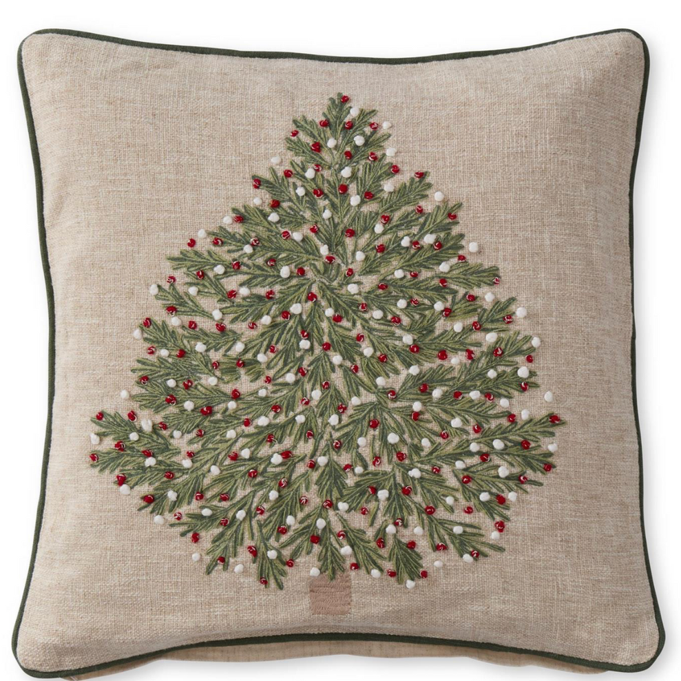 Tan Christmas Tree Pillow with Red and White Ornaments