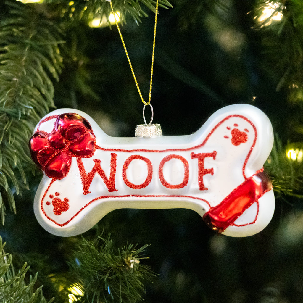 Glass "Woof" Dog Bone Ornament