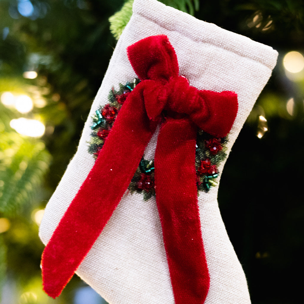 Tan Cotton Stocking with Beaded Wreath and Red Velvet Bow