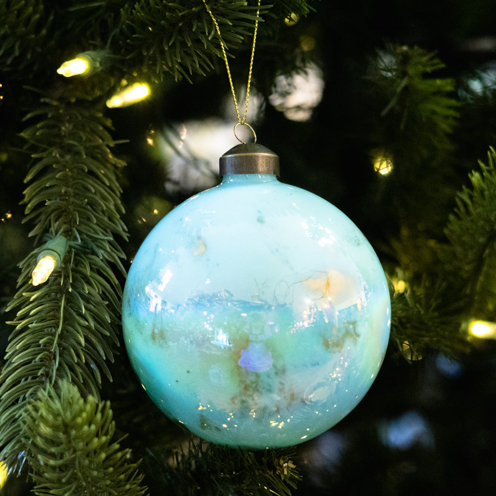 Glass Blue Gold Marbled Ball Ornament