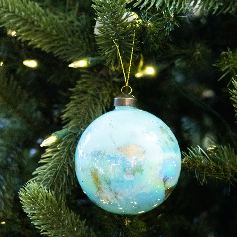 Glass Blue Gold Marbled Ball Ornament