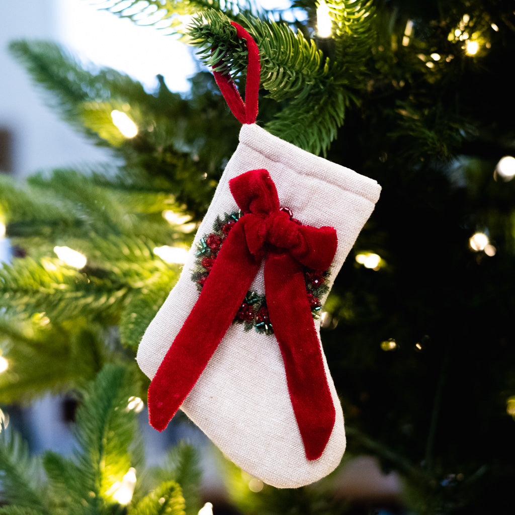 Tan Cotton Stocking with Beaded Wreath and Red Velvet Bow