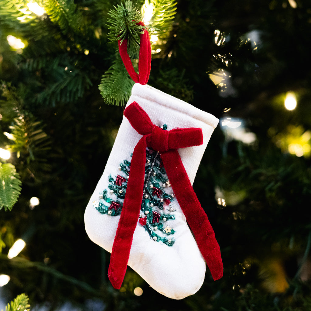 Cream Cotton Stocking with Beaded Tree and Bow