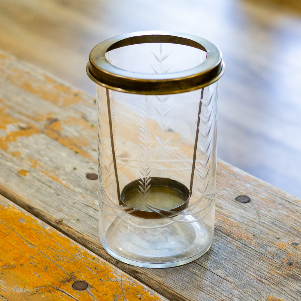 Etched Glass Candle Holder with Bronze Toned Metal Frame