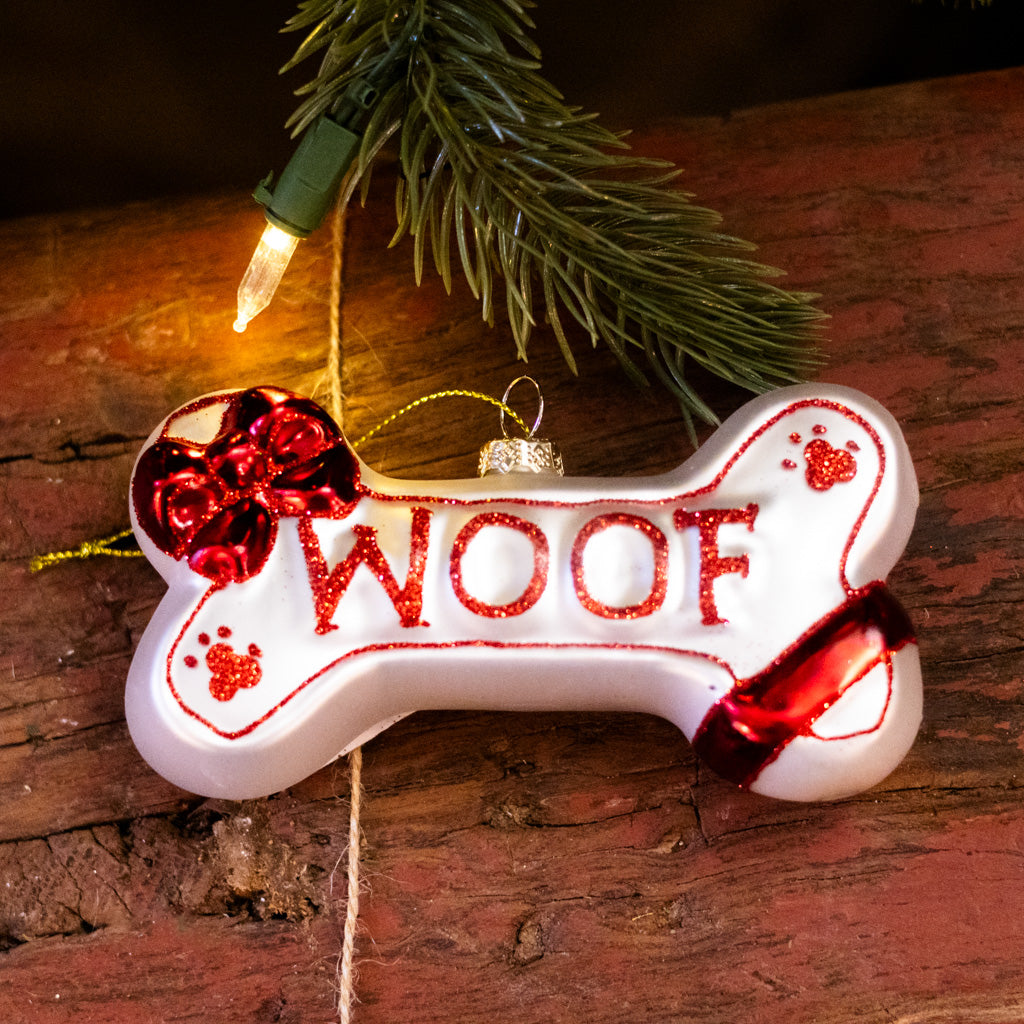 Glass "Woof" Dog Bone Ornament